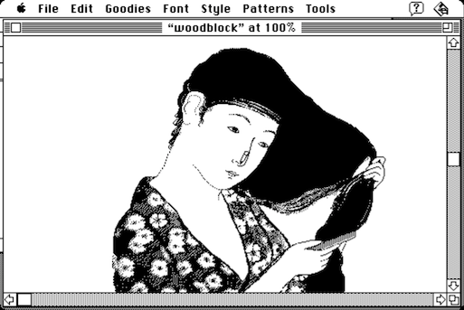 Screenshot of MacPaint showing the 'woodblock' demo image
