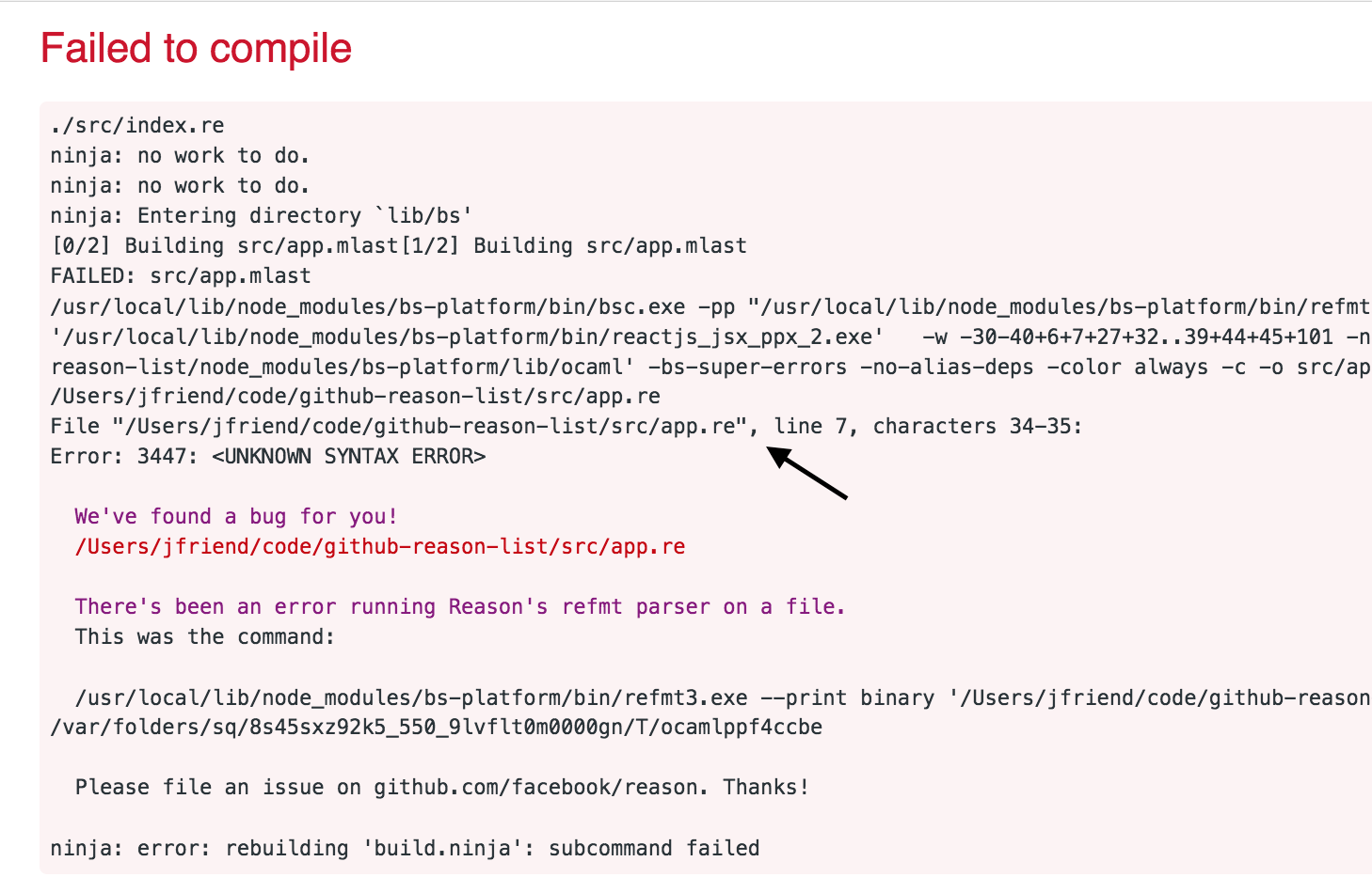 Screenshot of the app with a syntax error
